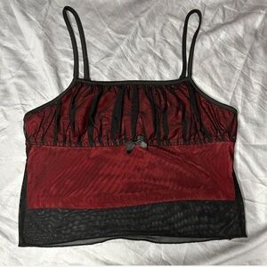 Dark red and black mesh cropped tank top with small black bow on front!